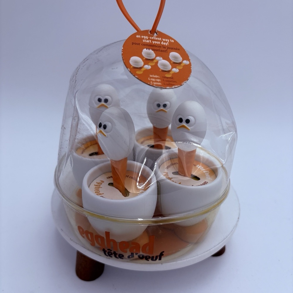 NIB MSC Joie Set of Four‎ Plastic Egghead Egg Cups and Spoons